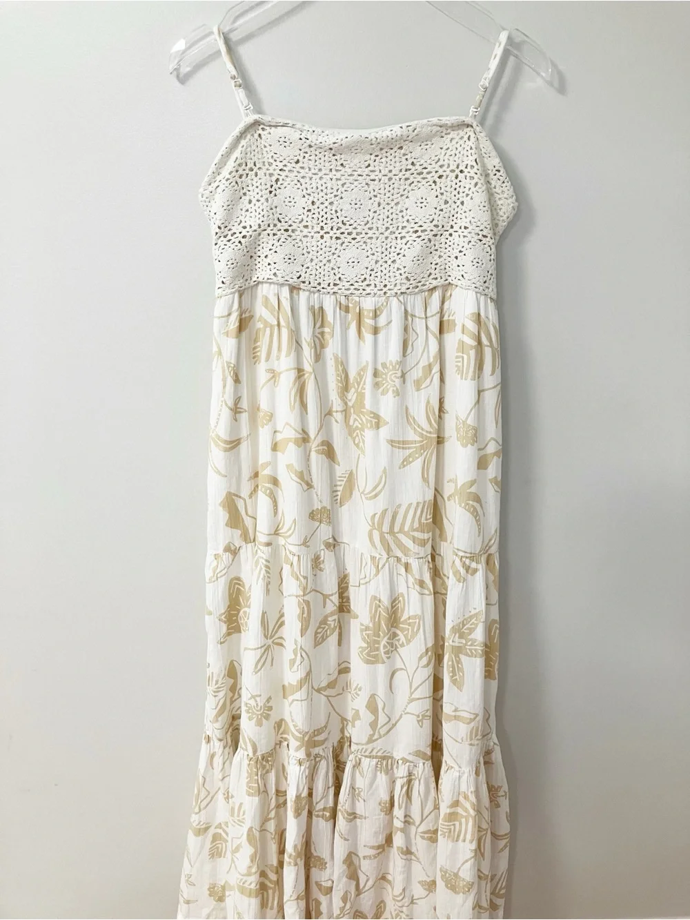 American Eagle | White Crochet Babydoll Gauze Maxi Dress XL Boho Chic Tiered